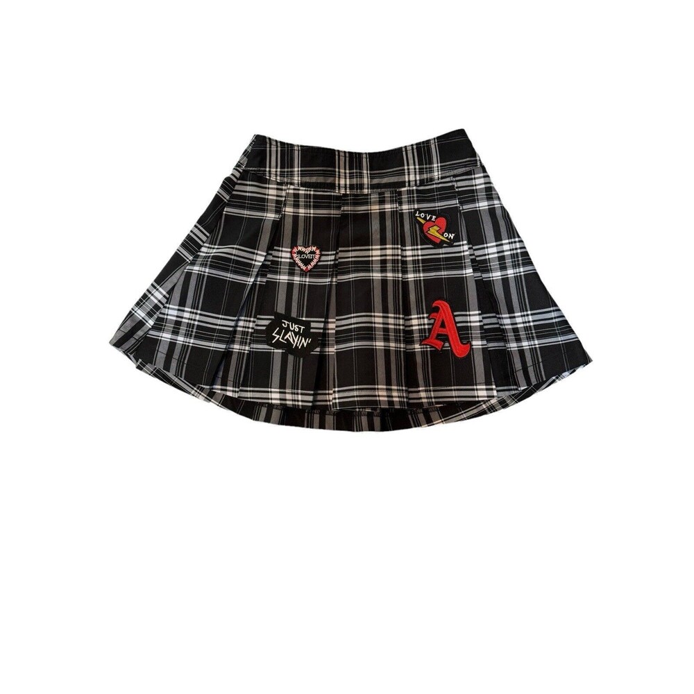 Skater Punk‎ Goth Biker Plaid Skirt Embroidered Sz S (3-5) patches NoBo Side Zip